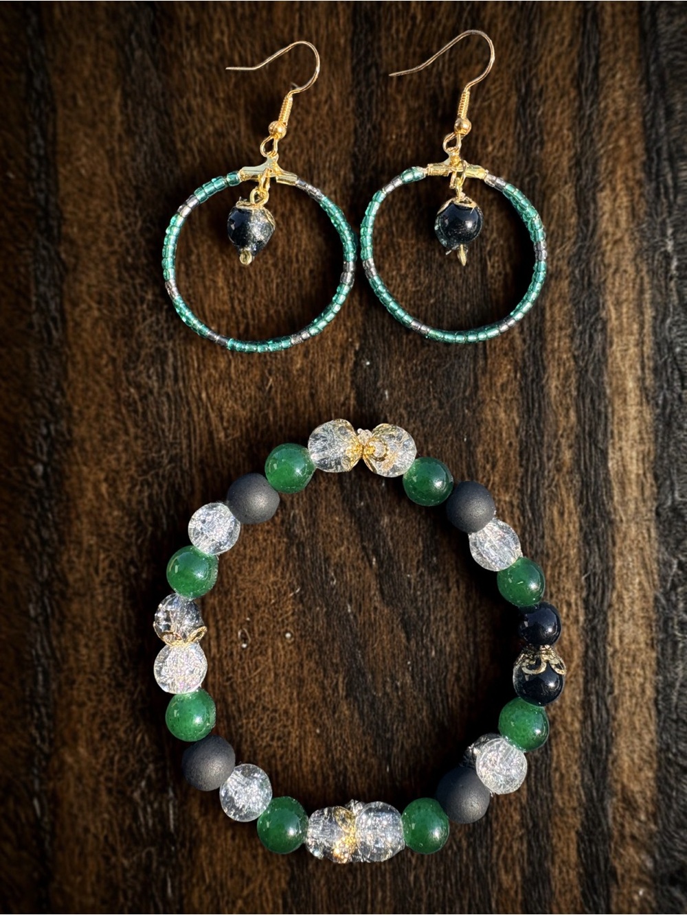 Forest Guardian Earring and Bracelet set ( Green gold white)